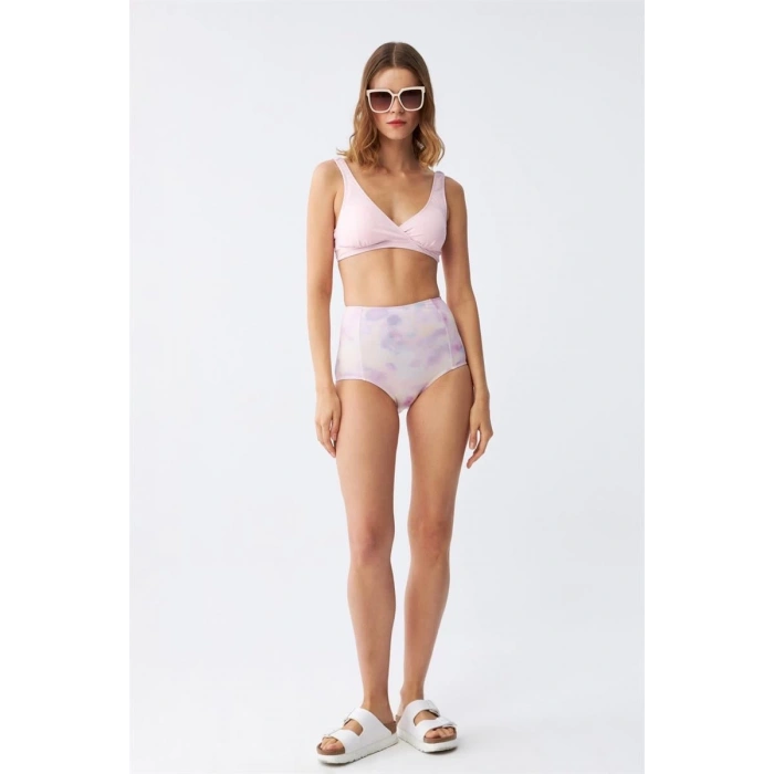 MARSiLYAN- Kadın Pembe Pedli Üst ve Pastel Desenli Yüksek Bel Bikini Takımı