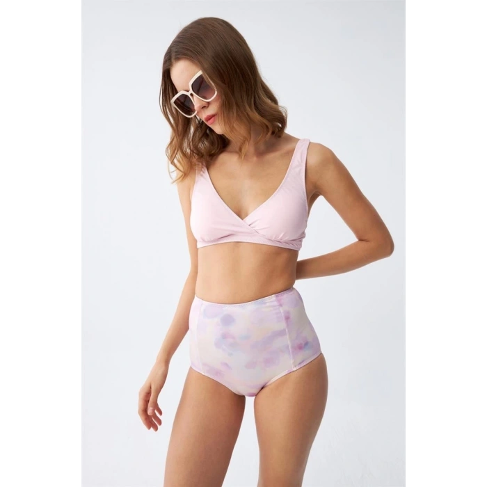 MARSiLYAN- Kadın Pembe Pedli Üst ve Pastel Desenli Yüksek Bel Bikini Takımı