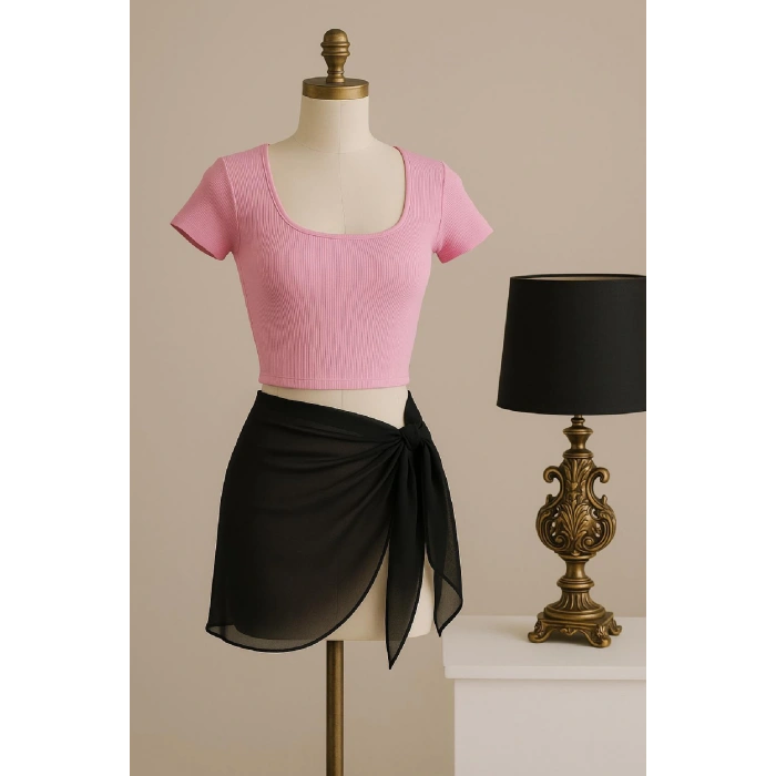 MARSiLYAN- Kadın Pembe Yarım Kol Crop ve Siyah Pareo 2li Set