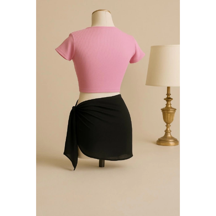 MARSiLYAN- Kadın Pembe Yarım Kol Crop ve Siyah Pareo 2li Set