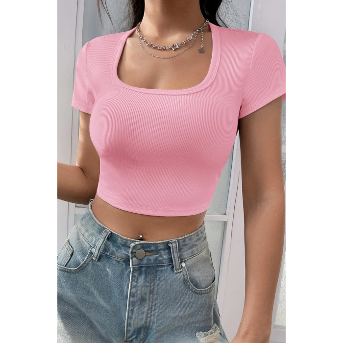MARSiLYAN- Kadın Pembe Yarım Kol Düz Yaka Crop Top Bluz