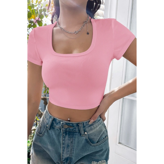 MARSiLYAN- Kadın Pembe Yarım Kol Düz Yaka Crop Top Bluz