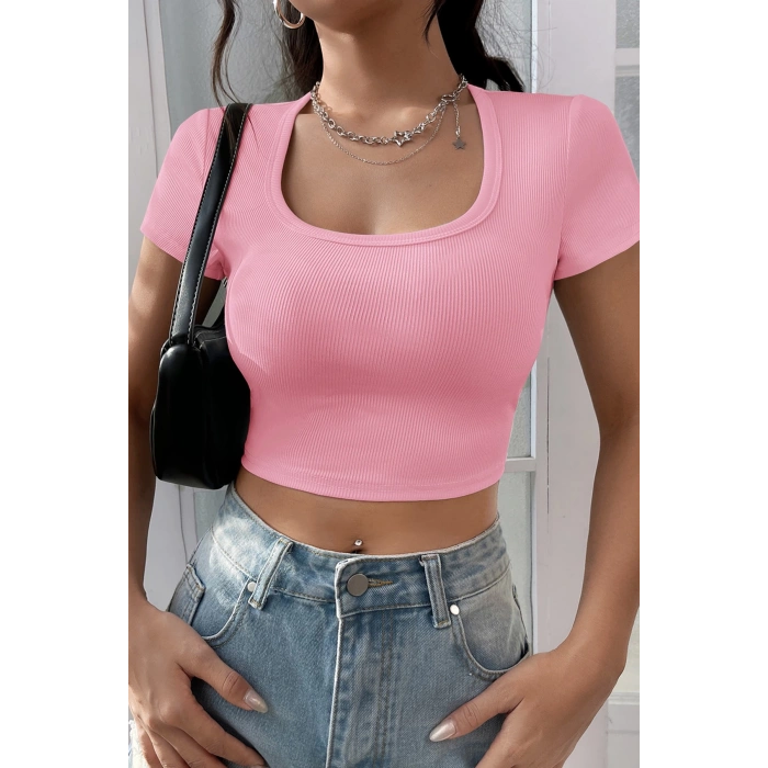 MARSiLYAN- Kadın Pembe Yarım Kol Düz Yaka Crop Top Bluz