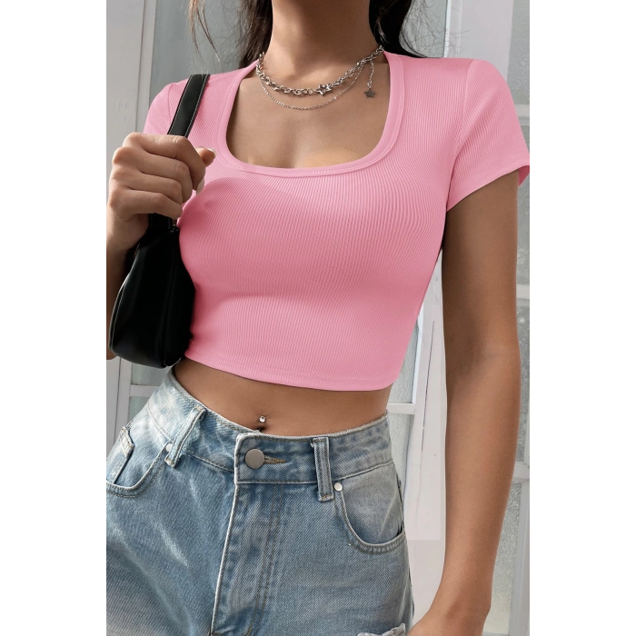 MARSiLYAN- Kadın Pembe Yarım Kol Düz Yaka Crop Top Bluz