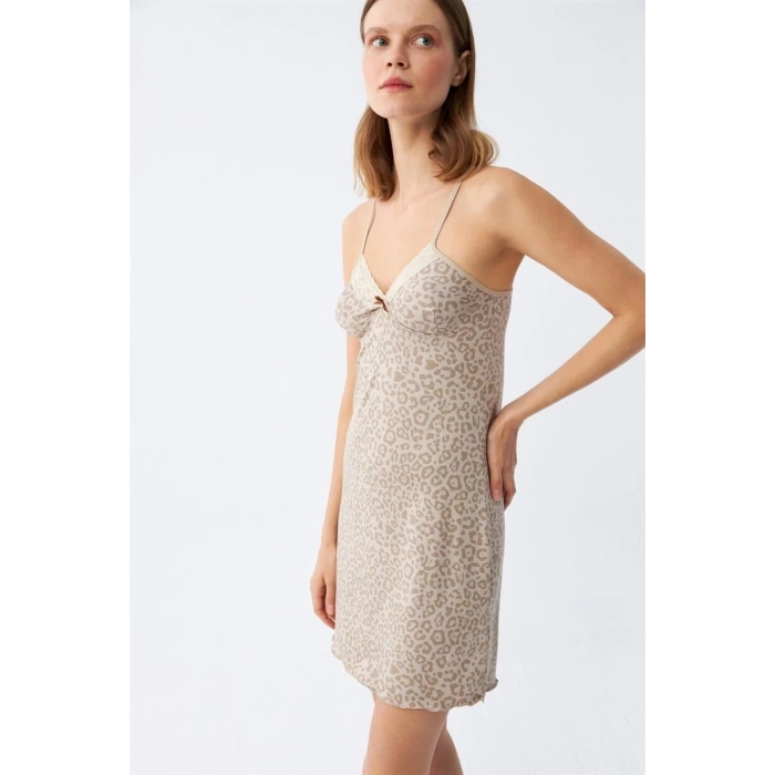 MARSiLYAN- Kadın Penye Vizon Leopar Desenli İp Askılı Gecelik