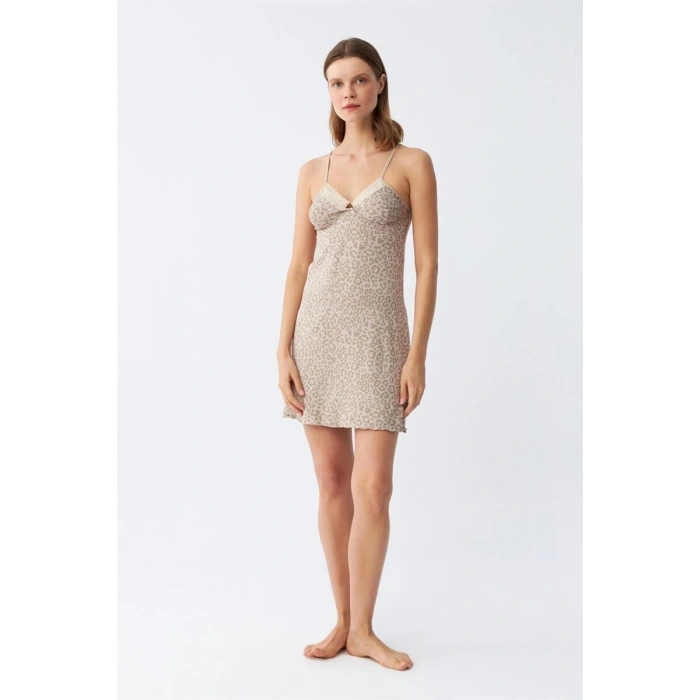 MARSiLYAN- Kadın Penye Vizon Leopar Desenli İp Askılı Gecelik