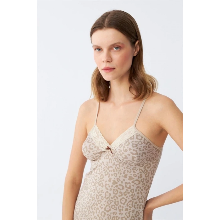 MARSiLYAN- Kadın Penye Vizon Leopar Desenli İp Askılı Gecelik