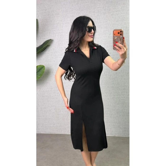 MARSiLYAN- Kadın Polo Yaka çift Yırtmaç Detay Modal Kumaş Midi Boy Elbise