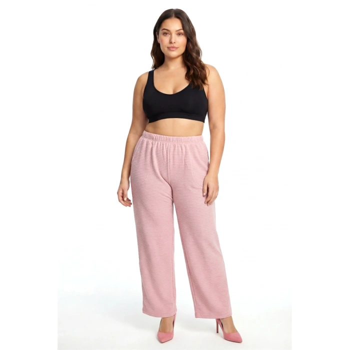 MARSiLYAN- Kadın Pudra Pembe Dokulu Büyük Beden Cepli Pijama Altı