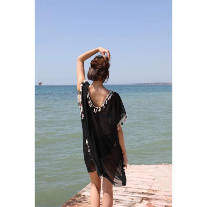 MARSiLYAN- Kadın Püsküllü Tunik Pareo Plaj Elbisesi Siyah