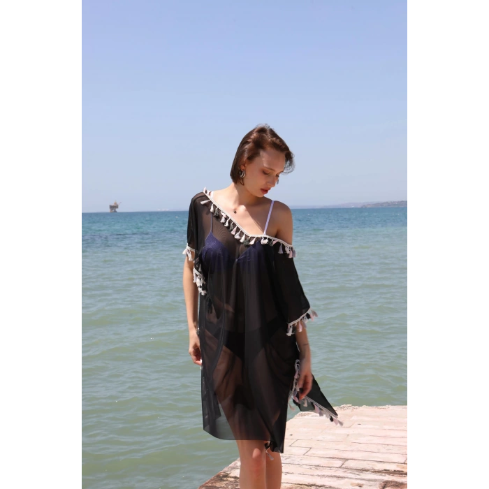 MARSiLYAN- Kadın Püsküllü Tunik Pareo Plaj Elbisesi Siyah