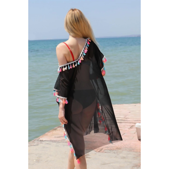 MARSiLYAN- Kadın Püsküllü Tunik Pareo Plaj Elbisesi Siyah