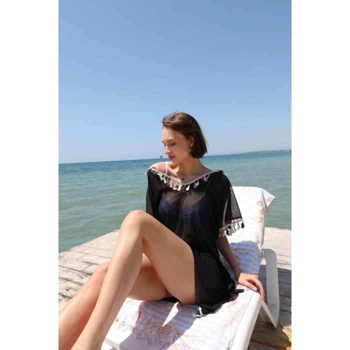 MARSiLYAN- Kadın Püsküllü Tunik Pareo Plaj Elbisesi Siyah