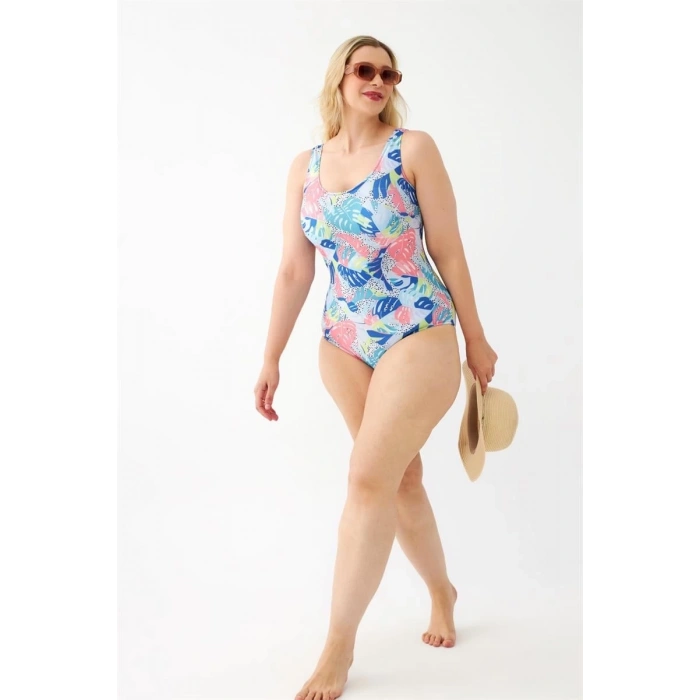 MARSiLYAN- Kadın Renkli Tropikal Desenli Büyük Beden Tek Parça Mayo