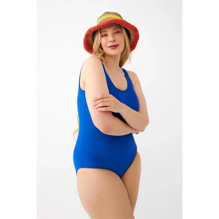 MARSiLYAN- Kadın Saks Mavisi Büyük Beden Düz Tek Parça Mayo