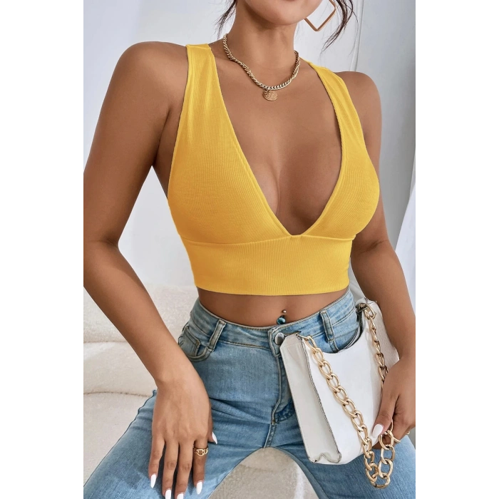 MARSiLYAN- Kadın Sarı Çapraz Sırt Detaylı Şık Crop Top Büstiyer