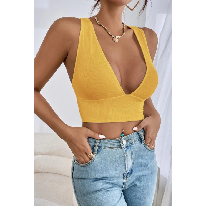 MARSiLYAN- Kadın Sarı Çapraz Sırt Detaylı Şık Crop Top Büstiyer