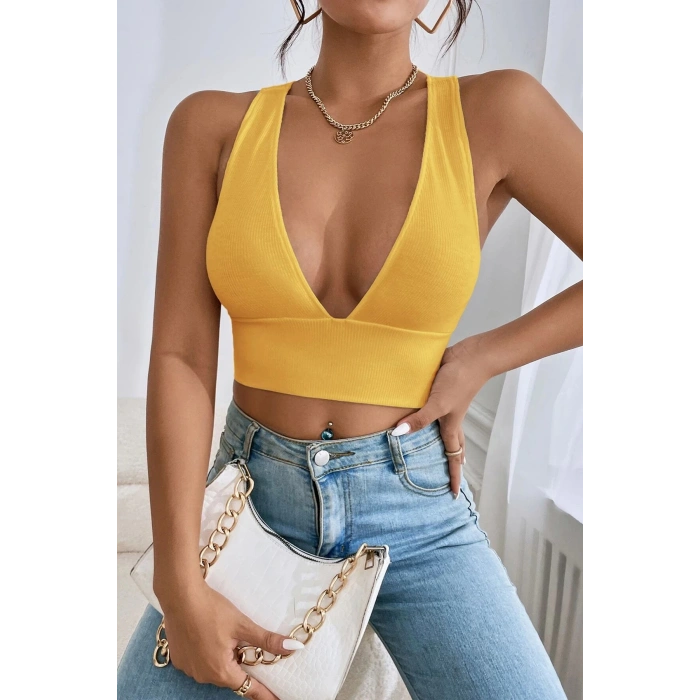 MARSiLYAN- Kadın Sarı Çapraz Sırt Detaylı Şık Crop Top Büstiyer