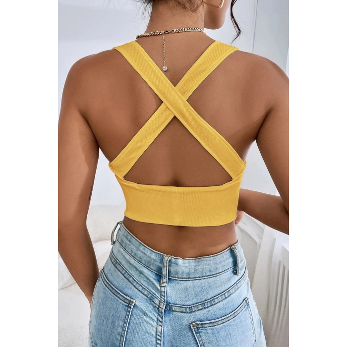 MARSiLYAN- Kadın Sarı Çapraz Sırt Detaylı Şık Crop Top Büstiyer