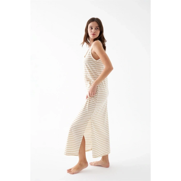 MARSiLYAN- Kadın Sarı Çizgili Askılı Uzun Gecelik – Rahat Kesim Günlük Uyku Geceliği