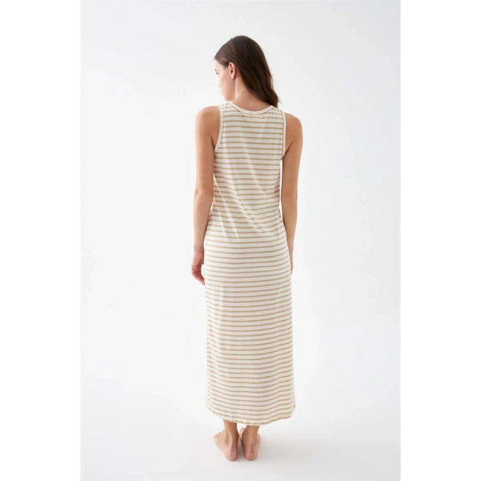 MARSiLYAN- Kadın Sarı Çizgili Askılı Uzun Gecelik – Rahat Kesim Günlük Uyku Geceliği
