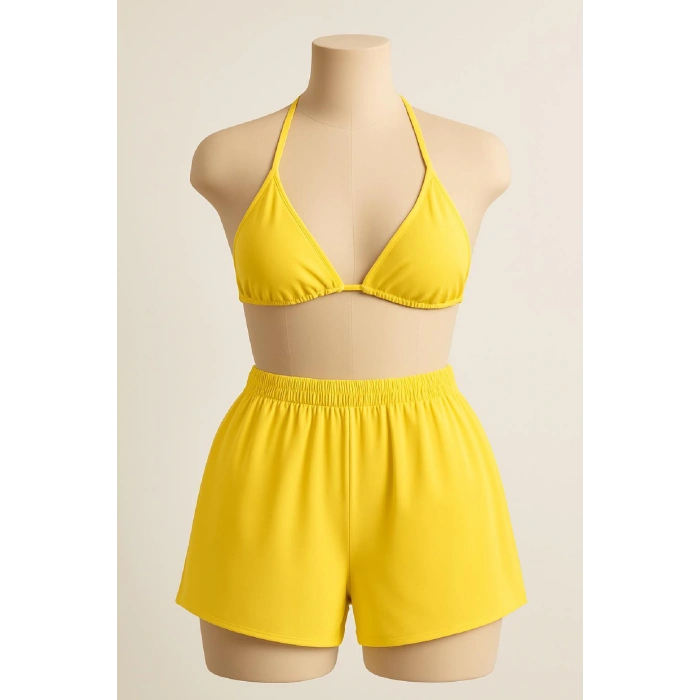 MARSiLYAN- Kadın Sarı Şortlu Belden ve Boyundan Bağlamalı Bikini Takımı