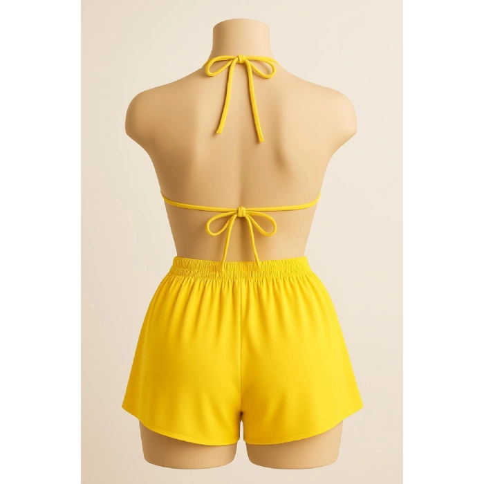 MARSiLYAN- Kadın Sarı Şortlu Belden ve Boyundan Bağlamalı Bikini Takımı