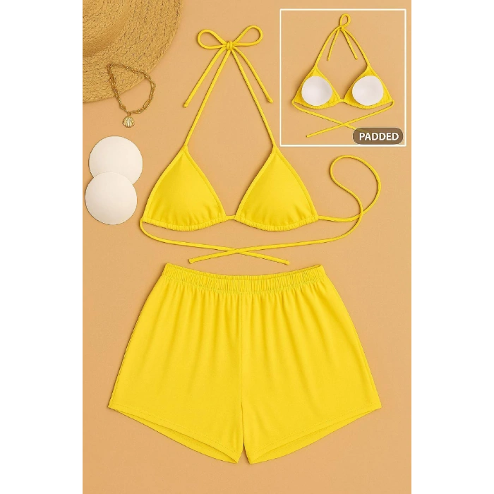 MARSiLYAN- Kadın Sarı Şortlu Belden ve Boyundan Bağlamalı Bikini Takımı