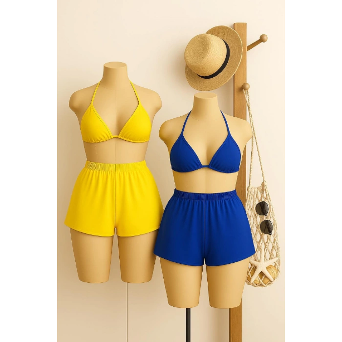 MARSiLYAN- Kadın Sarı ve Mavi Şortlu Belden ve Boyundan Bağlamalı Bikini Takımı