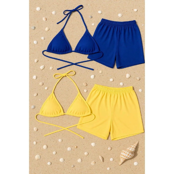 MARSiLYAN- Kadın Sarı ve Mavi Şortlu Belden ve Boyundan Bağlamalı Bikini Takımı