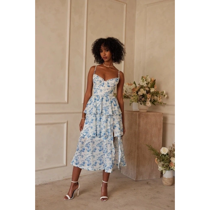 MARSiLYAN- Kadın Sıfır Kol Askılı Dekolteli Yırtmaç Detay çiçek Baskılı Süprem Midi Elbise