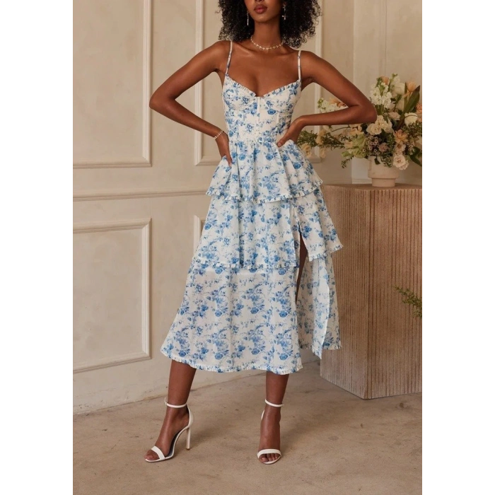 MARSiLYAN- Kadın Sıfır Kol Askılı Dekolteli Yırtmaç Detay çiçek Baskılı Süprem Midi Elbise