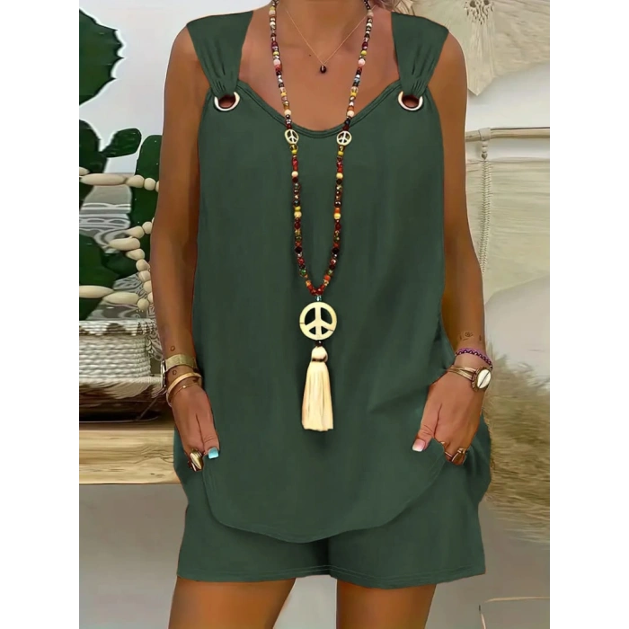 MARSiLYAN- Kadın Sıfır Kol V Yaka Kuş Gözü Detay Bluz Short Aerobin Ikili Takım