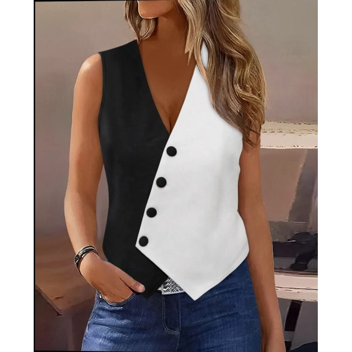 MARSiLYAN- Kadın Sıfır Kol V Yakalı Düğmeli Blok Renkli Atlas Yelek