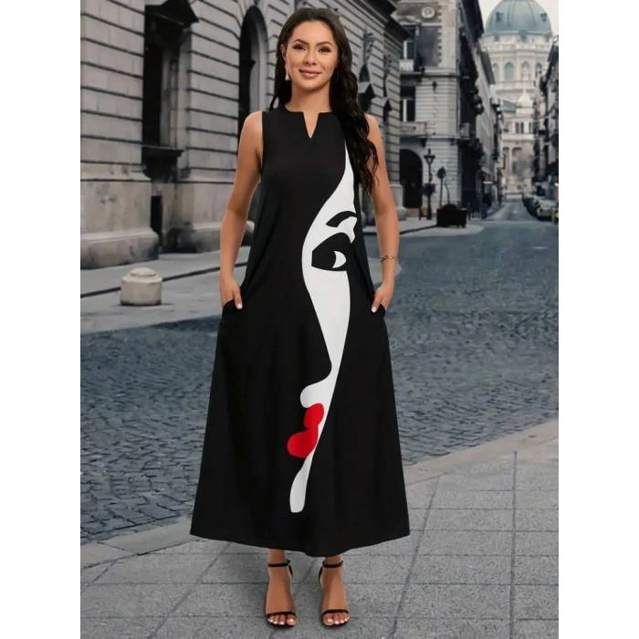 MARSiLYAN- Kadın Sıfır Kol V Yakalı Kadın Yüz Desenli Süprem Elbise