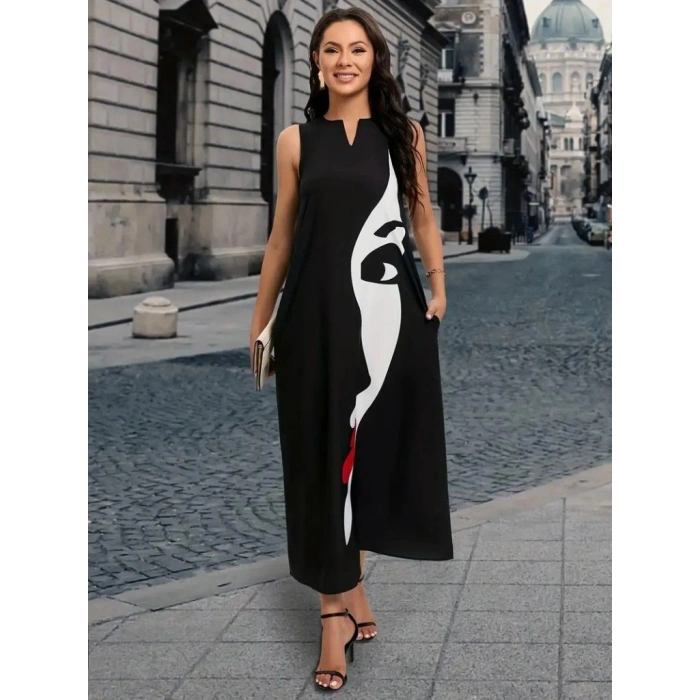 MARSiLYAN- Kadın Sıfır Kol V Yakalı Kadın Yüz Desenli Süprem Elbise