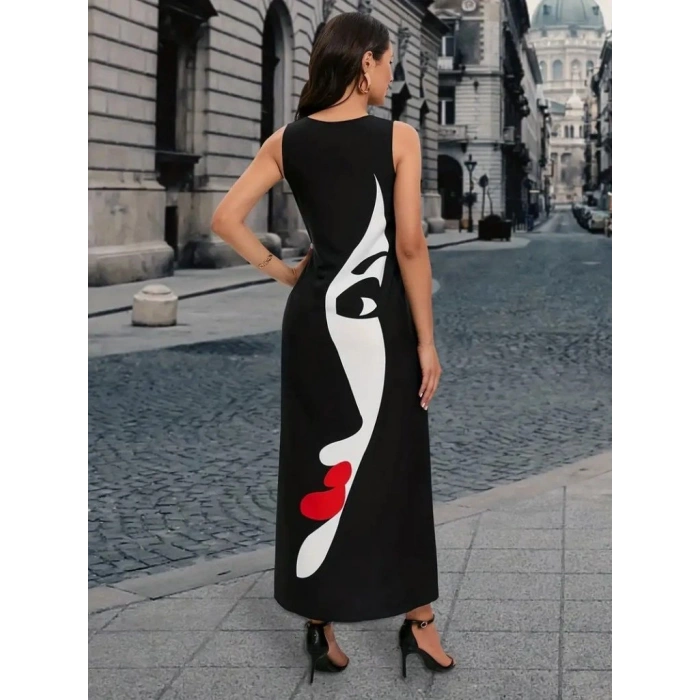 MARSiLYAN- Kadın Sıfır Kol V Yakalı Kadın Yüz Desenli Süprem Elbise