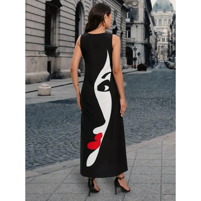 MARSiLYAN- Kadın Sıfır Kol V Yakalı Kadın Yüz Desenli Süprem Elbise