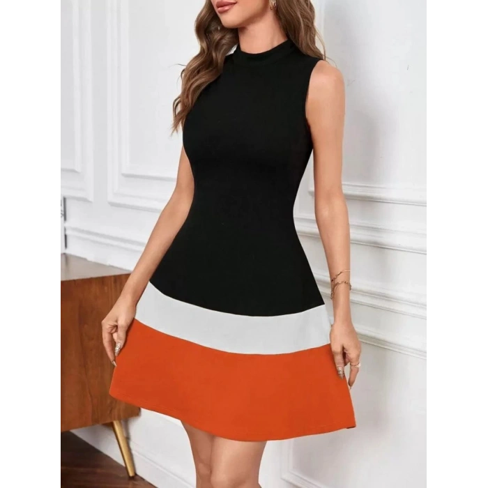 MARSiLYAN- Kadın Sıfır Kol Yarı Balıkçı Yaka şerit Detaylı Ithal Krep Elbise