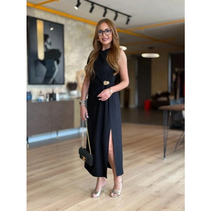 MARSiLYAN- Kadın Sıfır Kollu Bisiklet Yaka Belden Büzgülü Yırtmaç Detaylı Janjan Krep Elbise