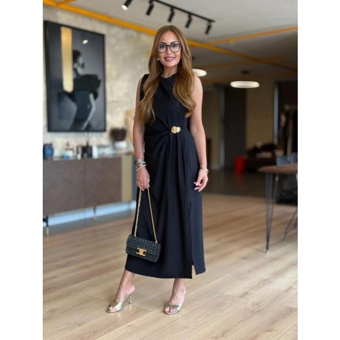 MARSiLYAN- Kadın Sıfır Kollu Bisiklet Yaka Belden Büzgülü Yırtmaç Detaylı Janjan Krep Elbise