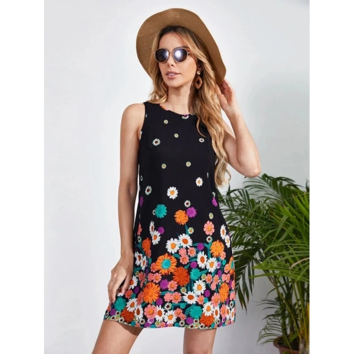 MARSiLYAN- Kadın Sıfır Kollu Bisiklet Yaka çiçek Desenli Süprem Mini Elbise