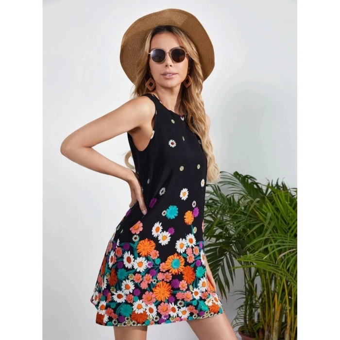 MARSiLYAN- Kadın Sıfır Kollu Bisiklet Yaka çiçek Desenli Süprem Mini Elbise