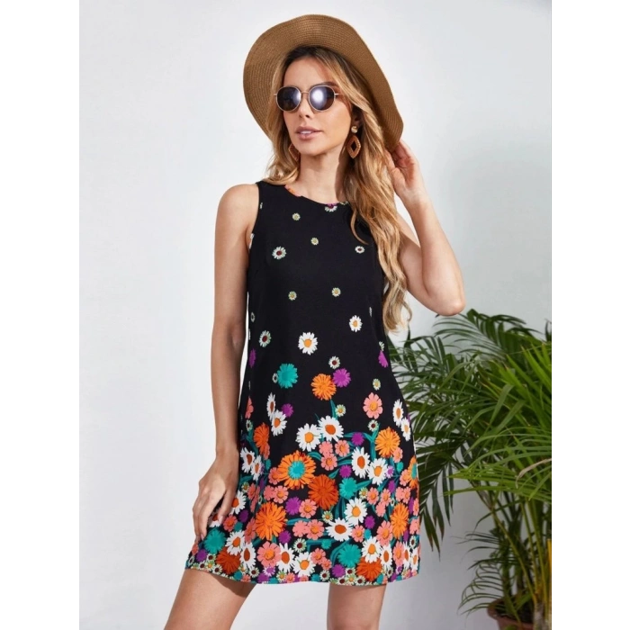 MARSiLYAN- Kadın Sıfır Kollu Bisiklet Yaka çiçek Desenli Süprem Mini Elbise