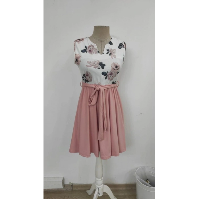 MARSiLYAN- Kadın Sıfır Kollu V Yakalı çiçek Baskılı Beli Kuşaklı Dalgıç Elbise