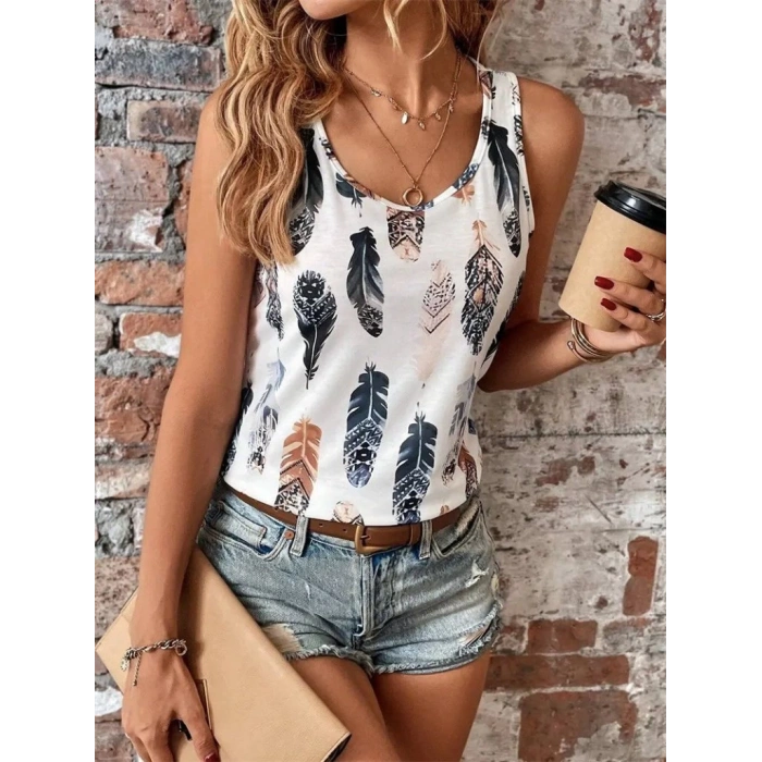 MARSiLYAN- Kadın Sıfır Kollu V Yakalı Yaprak Desenli Süprem Bluz