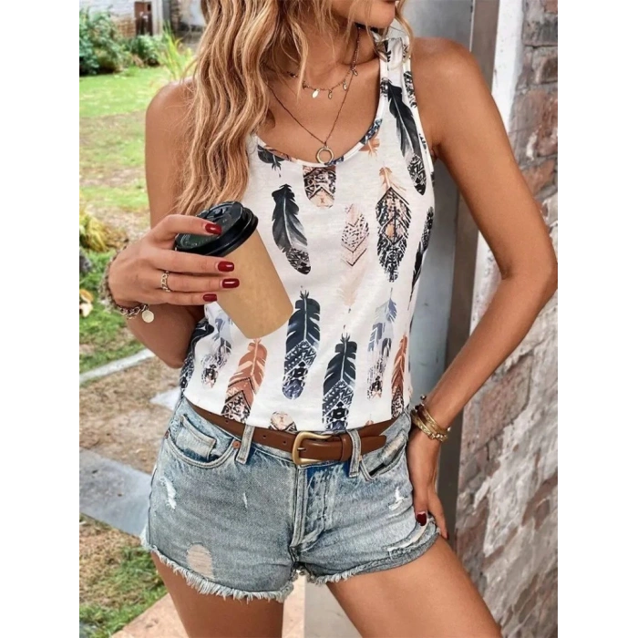 MARSiLYAN- Kadın Sıfır Kollu V Yakalı Yaprak Desenli Süprem Bluz