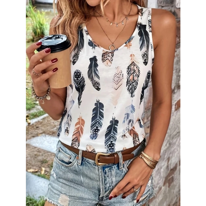 MARSiLYAN- Kadın Sıfır Kollu V Yakalı Yaprak Desenli Süprem Bluz