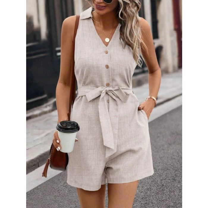 MARSiLYAN- Kadın Sıfır Kollu Yakalı Düğmeli Belden Kuşaklı Kısa Keten Tulum