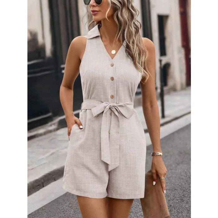 MARSiLYAN- Kadın Sıfır Kollu Yakalı Düğmeli Belden Kuşaklı Kısa Keten Tulum